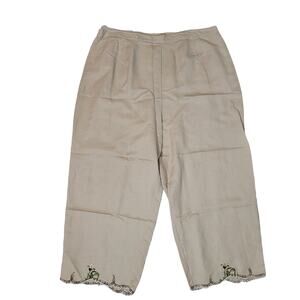 Joy &‎ Peace Size 16W	Linen Blend Light Khaki Floral Embroidered Hem Pants Crop